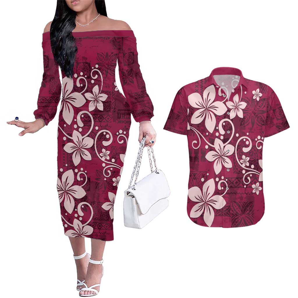 Plumeria Floral Tapa Pattern Ruby Pink Couples Matching Off The Shoulder Long Sleeve Dress and Hawaiian Shirt