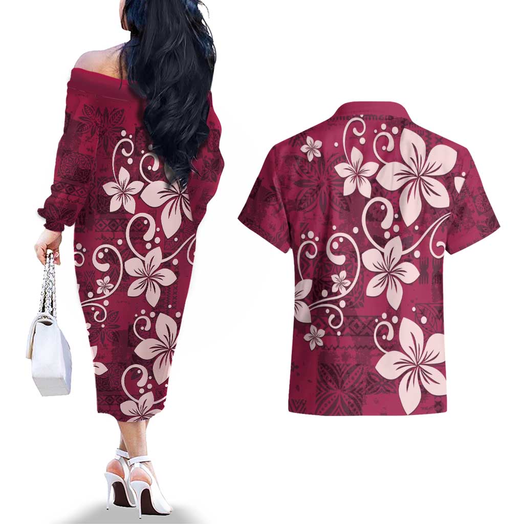 Plumeria Floral Tapa Pattern Ruby Pink Couples Matching Off The Shoulder Long Sleeve Dress and Hawaiian Shirt