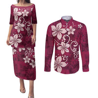 Plumeria Floral Tapa Pattern Ruby Pink Couples Matching Puletasi and Long Sleeve Button Shirt