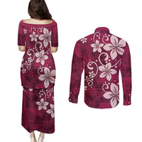 Plumeria Floral Tapa Pattern Ruby Pink Couples Matching Puletasi and Long Sleeve Button Shirt