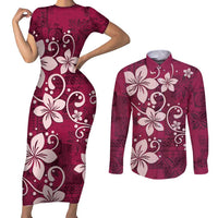 Plumeria Floral Tapa Pattern Ruby Pink Couples Matching Short Sleeve Bodycon Dress and Long Sleeve Button Shirt