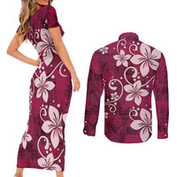 Plumeria Floral Tapa Pattern Ruby Pink Couples Matching Short Sleeve Bodycon Dress and Long Sleeve Button Shirt
