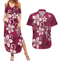 Plumeria Floral Tapa Pattern Ruby Pink Couples Matching Summer Maxi Dress and Hawaiian Shirt