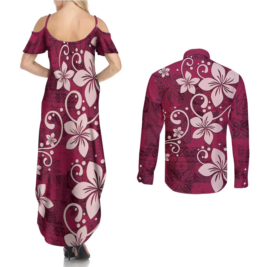 Plumeria Floral Tapa Pattern Ruby Pink Couples Matching Summer Maxi Dress and Long Sleeve Button Shirt
