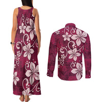 Plumeria Floral Tapa Pattern Ruby Pink Couples Matching Tank Maxi Dress and Long Sleeve Button Shirt