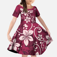 Plumeria Floral Tapa Pattern Ruby Pink Family Matching Long Sleeve Bodycon Dress and Hawaiian Shirt