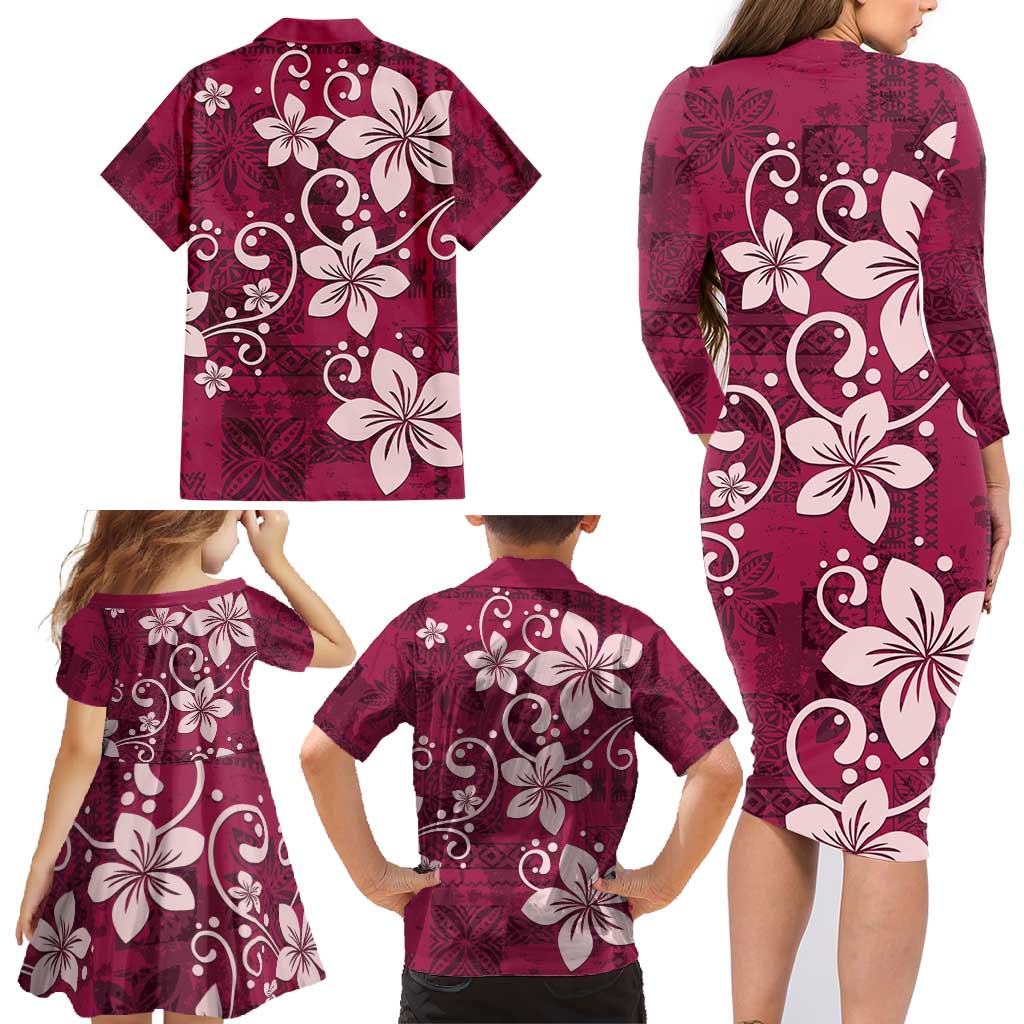 Plumeria Floral Tapa Pattern Ruby Pink Family Matching Long Sleeve Bodycon Dress and Hawaiian Shirt