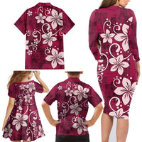 Plumeria Floral Tapa Pattern Ruby Pink Family Matching Long Sleeve Bodycon Dress and Hawaiian Shirt