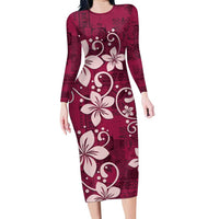 Plumeria Floral Tapa Pattern Ruby Pink Family Matching Long Sleeve Bodycon Dress and Hawaiian Shirt
