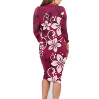Plumeria Floral Tapa Pattern Ruby Pink Family Matching Long Sleeve Bodycon Dress and Hawaiian Shirt