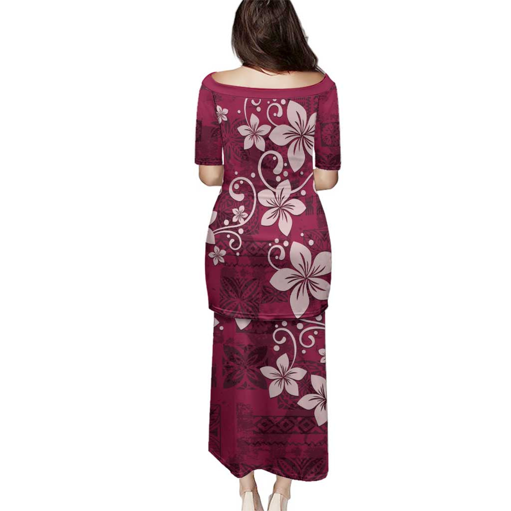 Plumeria Floral Tapa Pattern Ruby Pink Family Matching Puletasi and Hawaiian Shirt