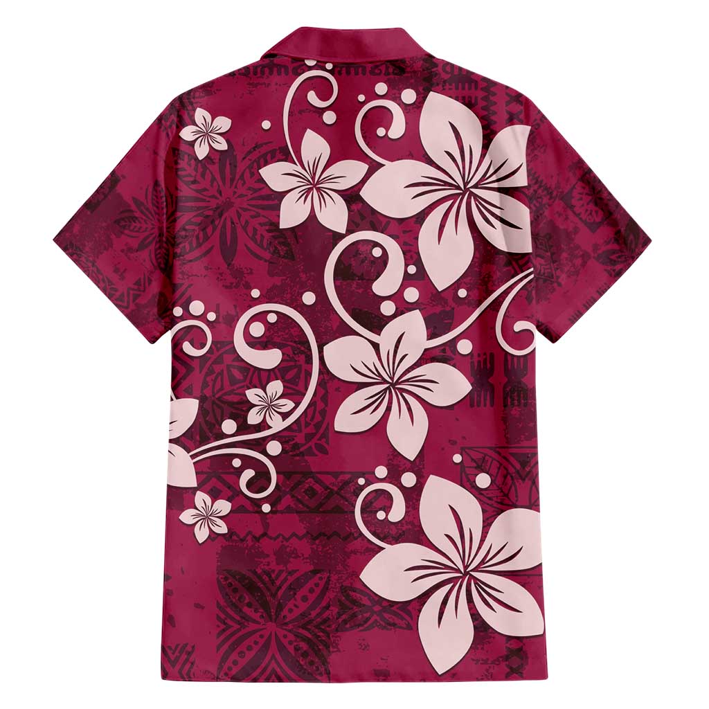 Plumeria Floral Tapa Pattern Ruby Pink Family Matching Short Sleeve Bodycon Dress and Hawaiian Shirt