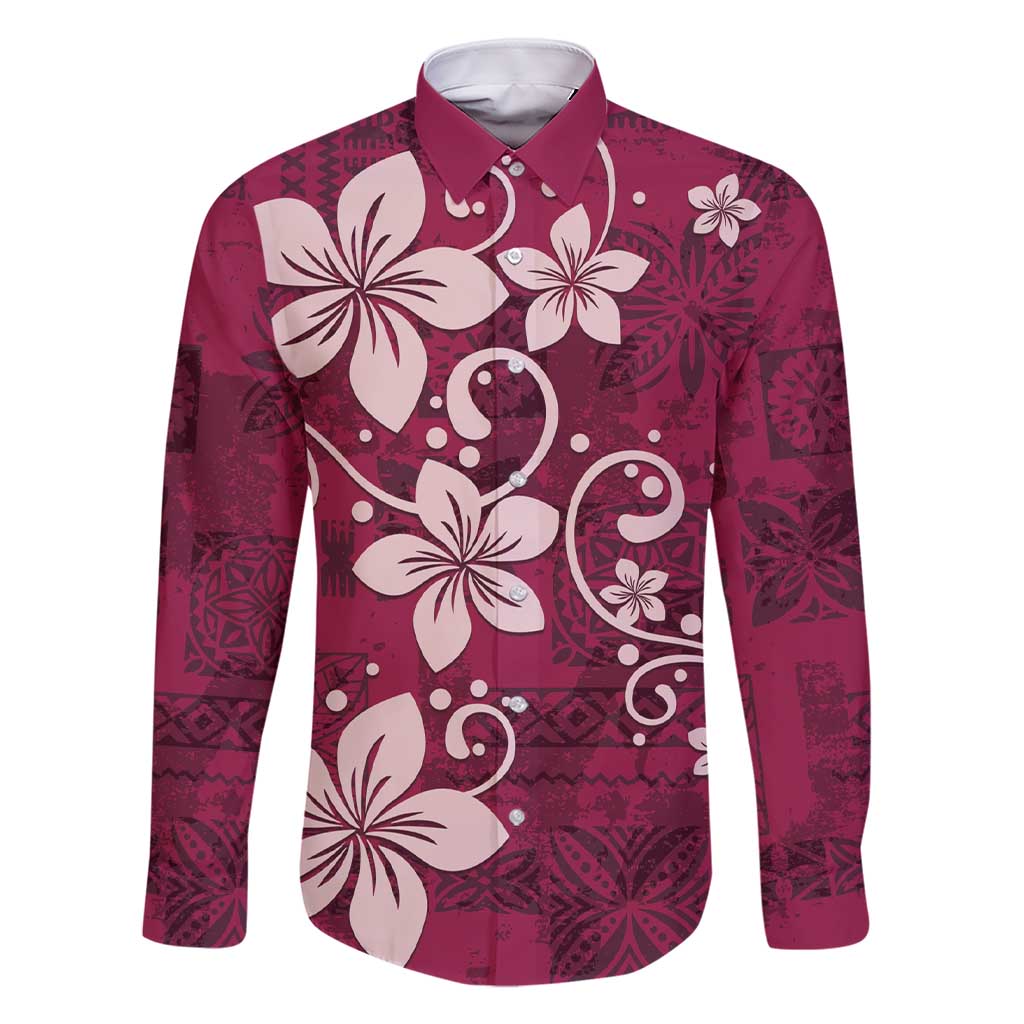 Plumeria Floral Tapa Pattern Ruby Pink Family Matching Short Sleeve Bodycon Dress and Hawaiian Shirt