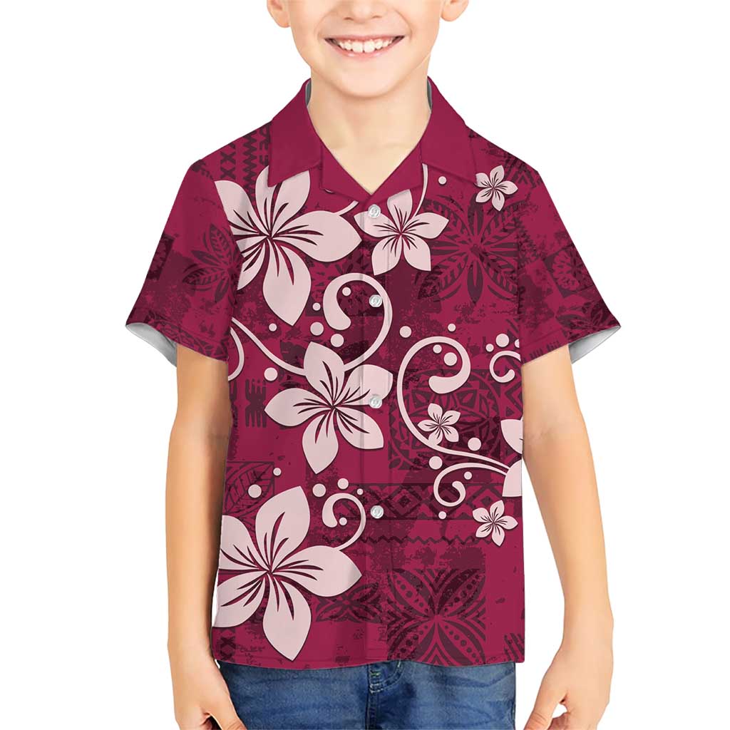 Plumeria Floral Tapa Pattern Ruby Pink Family Matching Short Sleeve Bodycon Dress and Hawaiian Shirt