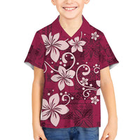 Plumeria Floral Tapa Pattern Ruby Pink Family Matching Short Sleeve Bodycon Dress and Hawaiian Shirt