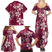 Plumeria Floral Tapa Pattern Ruby Pink Family Matching Summer Maxi Dress and Hawaiian Shirt