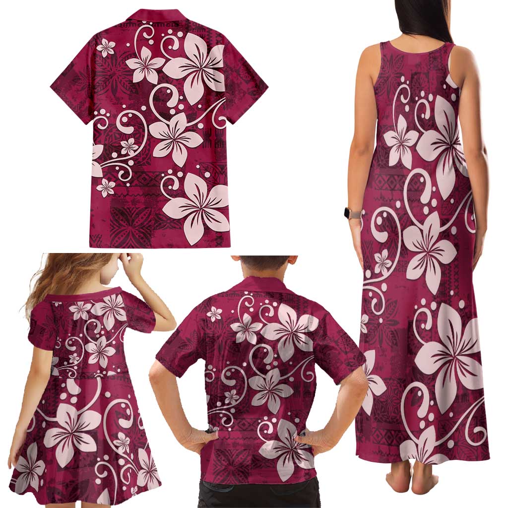 Plumeria Floral Tapa Pattern Ruby Pink Family Matching Tank Maxi Dress and Hawaiian Shirt