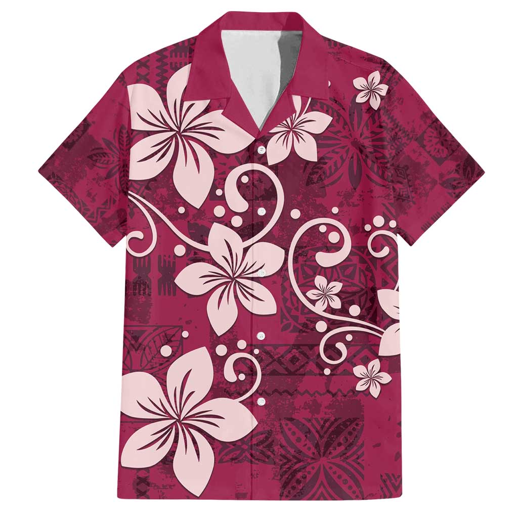 Plumeria Floral Tapa Pattern Ruby Pink Family Matching Tank Maxi Dress and Hawaiian Shirt