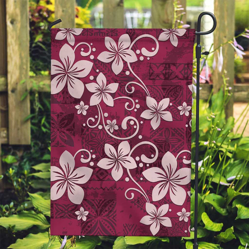 Plumeria Floral Tapa Pattern Ruby Pink Garden Flag
