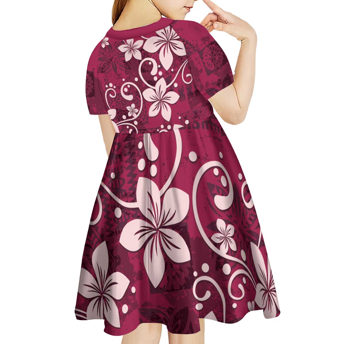 Plumeria Floral Tapa Pattern Ruby Pink Kid Short Sleeve Dress