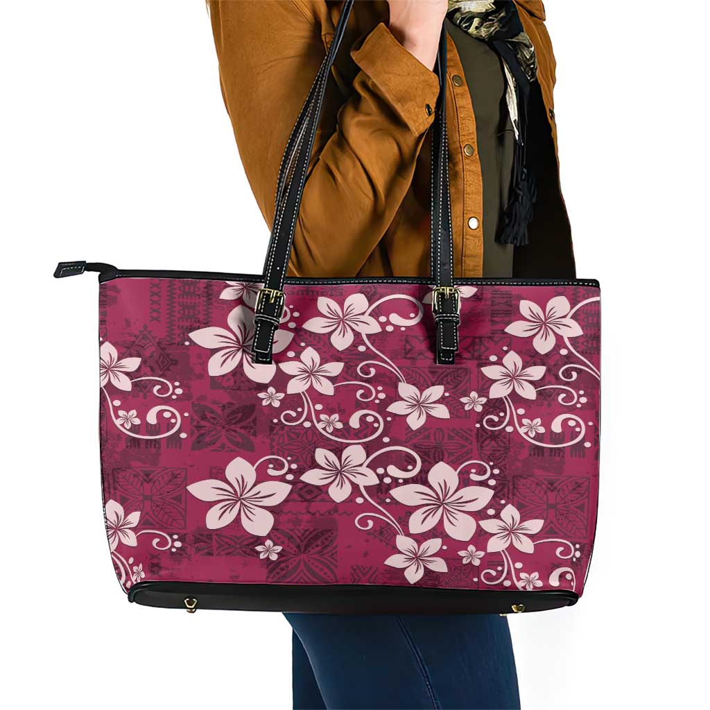 Plumeria Floral Tapa Pattern Ruby Pink Leather Tote Bag