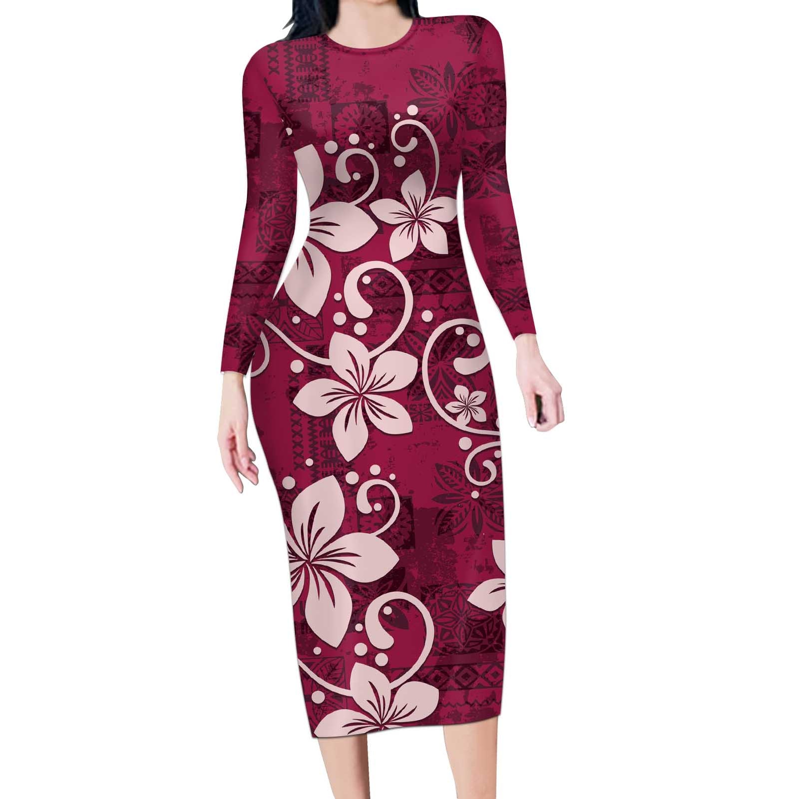 Plumeria Floral Tapa Pattern Ruby Pink Long Sleeve Bodycon Dress LT01 Long Dress Pink - Polynesian Pride
