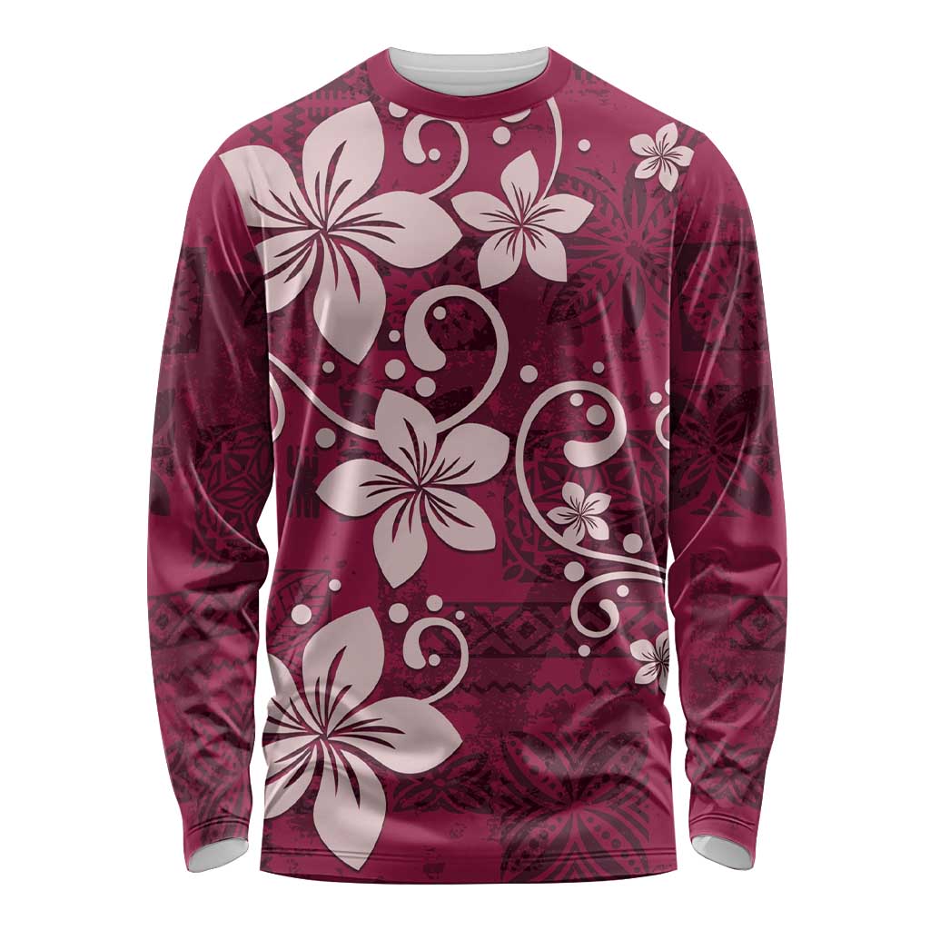 Plumeria Floral Tapa Pattern Ruby Pink Long Sleeve Shirt LT01 Unisex Pink - Polynesian Pride
