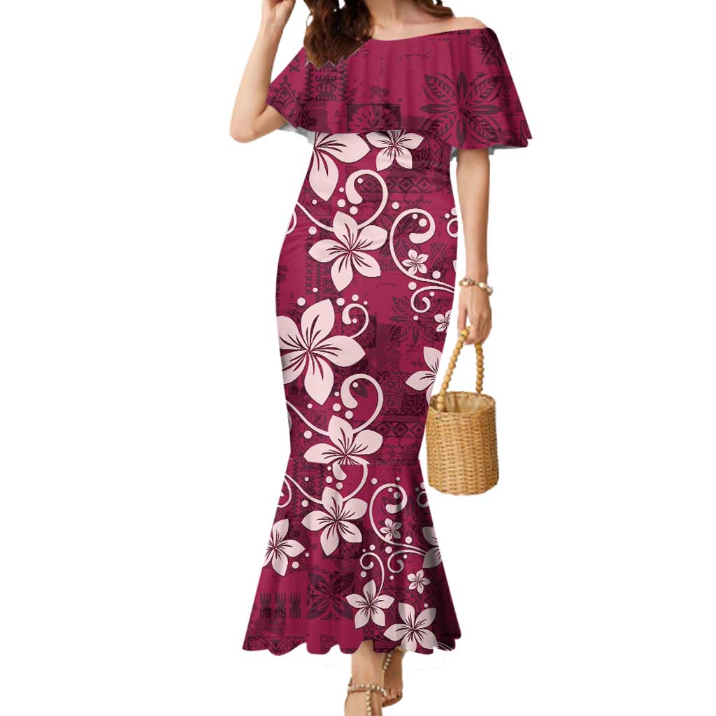 Plumeria Floral Tapa Pattern Ruby Pink Mermaid Dress LT01 Women Pink - Polynesian Pride