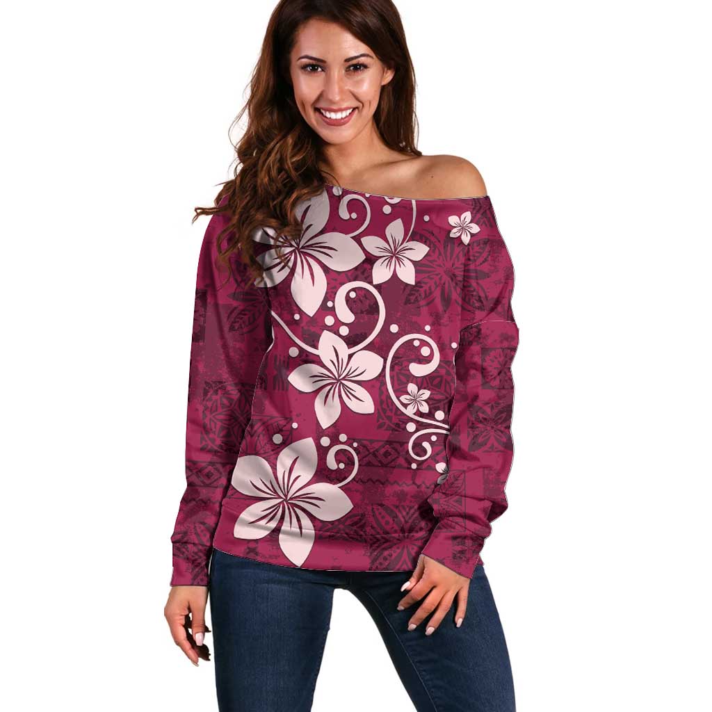 Plumeria Floral Tapa Pattern Ruby Pink Off Shoulder Sweater LT01 Women Pink - Polynesian Pride