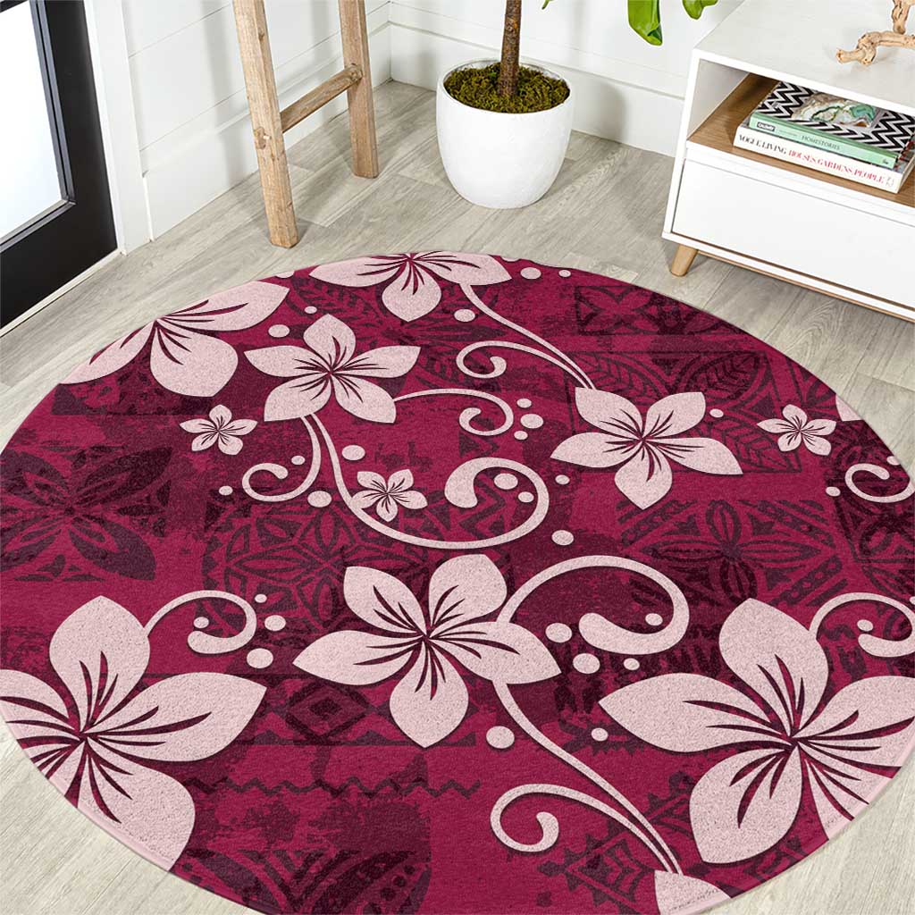 Plumeria Floral Tapa Pattern Ruby Pink Round Carpet LT01 Pink - Polynesian Pride