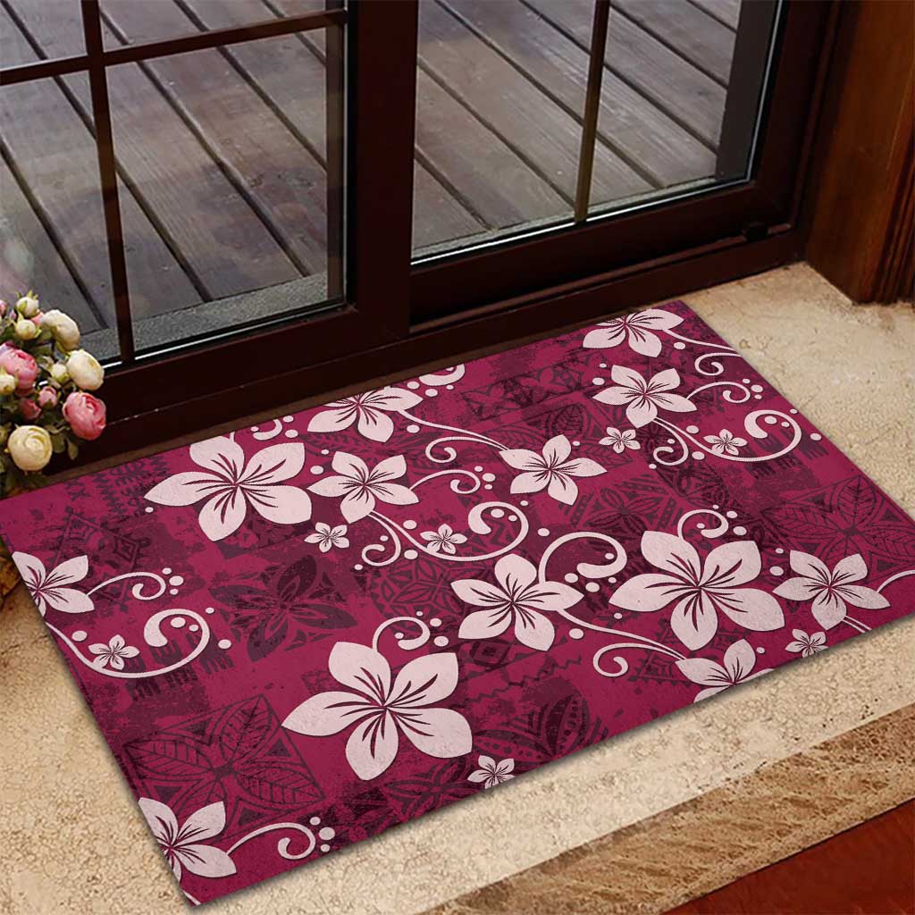 Plumeria Floral Tapa Pattern Ruby Pink Rubber Doormat
