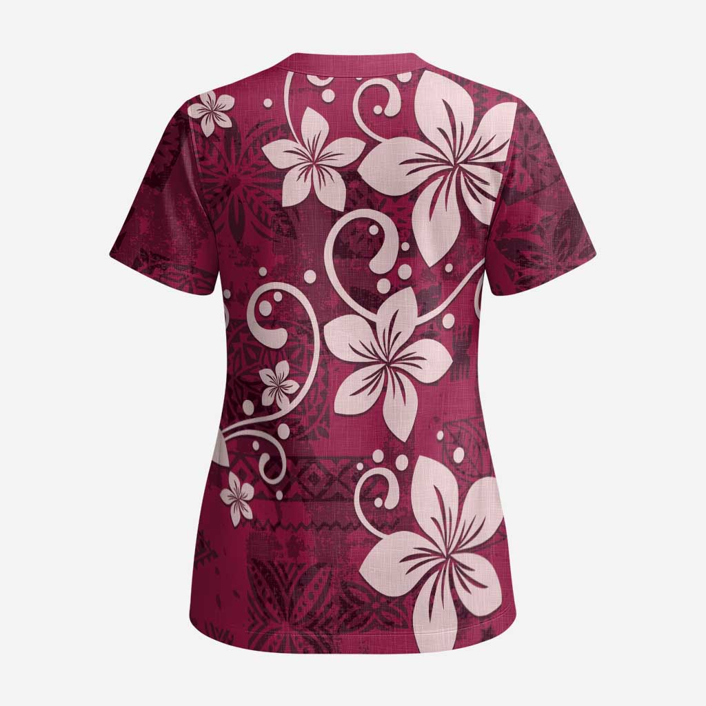 Plumeria Floral Tapa Pattern Ruby Pink Scrub Top - Polynesian Pride