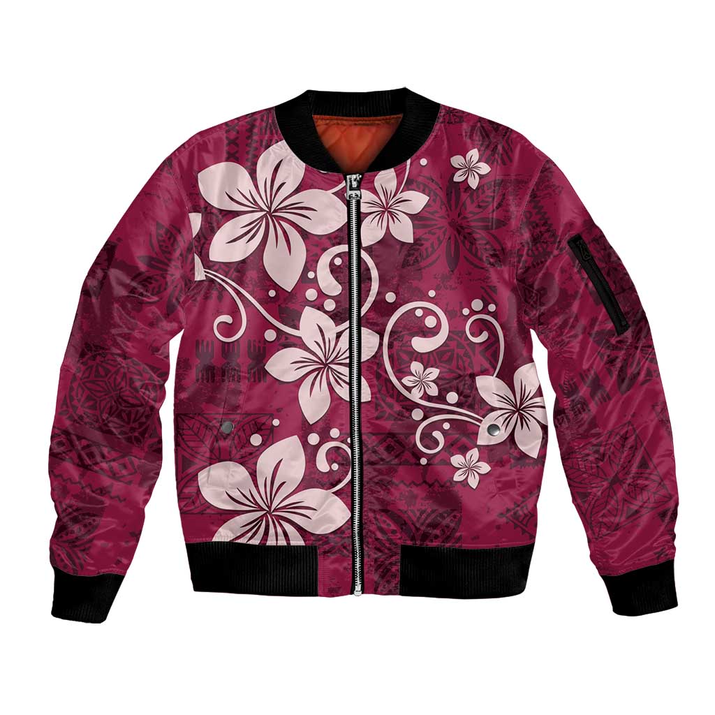 Plumeria Floral Tapa Pattern Ruby Pink Sleeve Zip Bomber Jacket LT01 Unisex Pink - Polynesian Pride