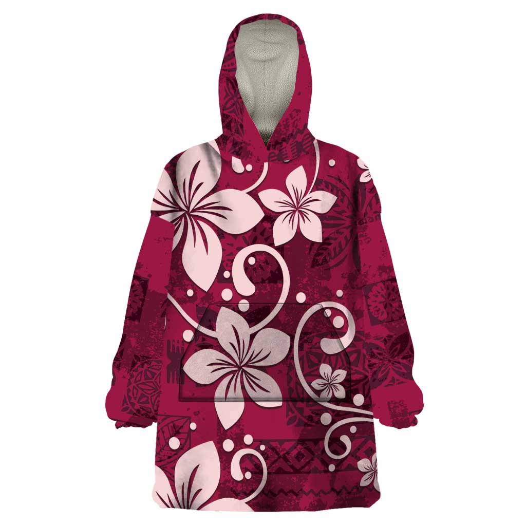 Plumeria Floral Tapa Pattern Ruby Pink Wearable Blanket Hoodie LT01 One Size Pink - Polynesian Pride
