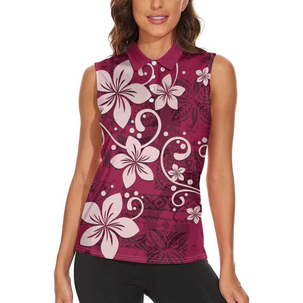 Plumeria Floral Tapa Pattern Ruby Pink Women Sleeveless Polo Shirt