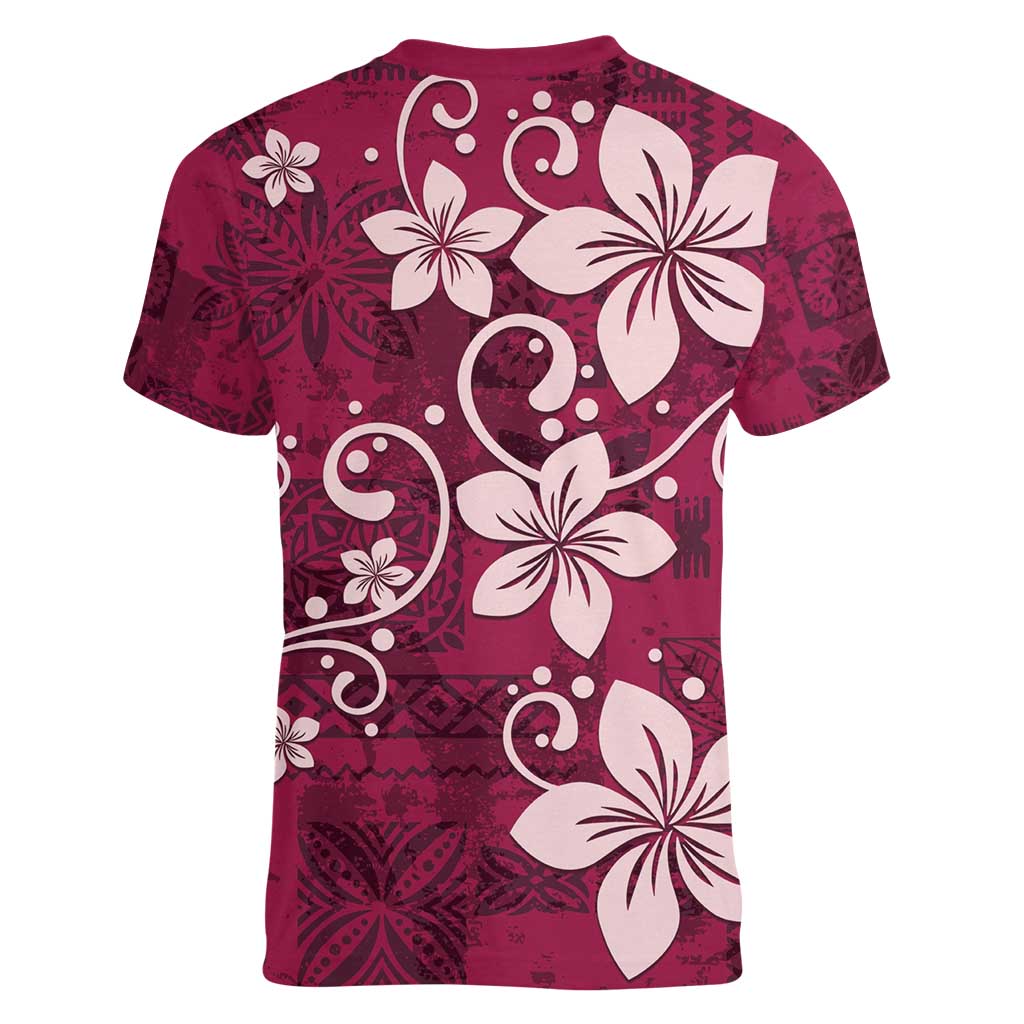 Plumeria Floral Tapa Pattern Ruby Pink Women V-Neck T-Shirt