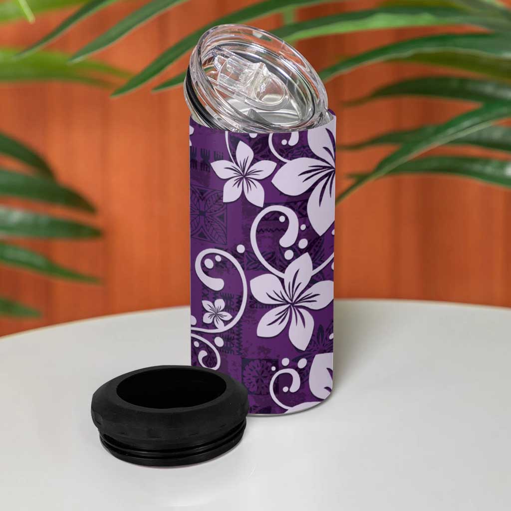 Plumeria Floral Tapa Pattern Amethyst Purple 4 in 1 Can Cooler Tumbler