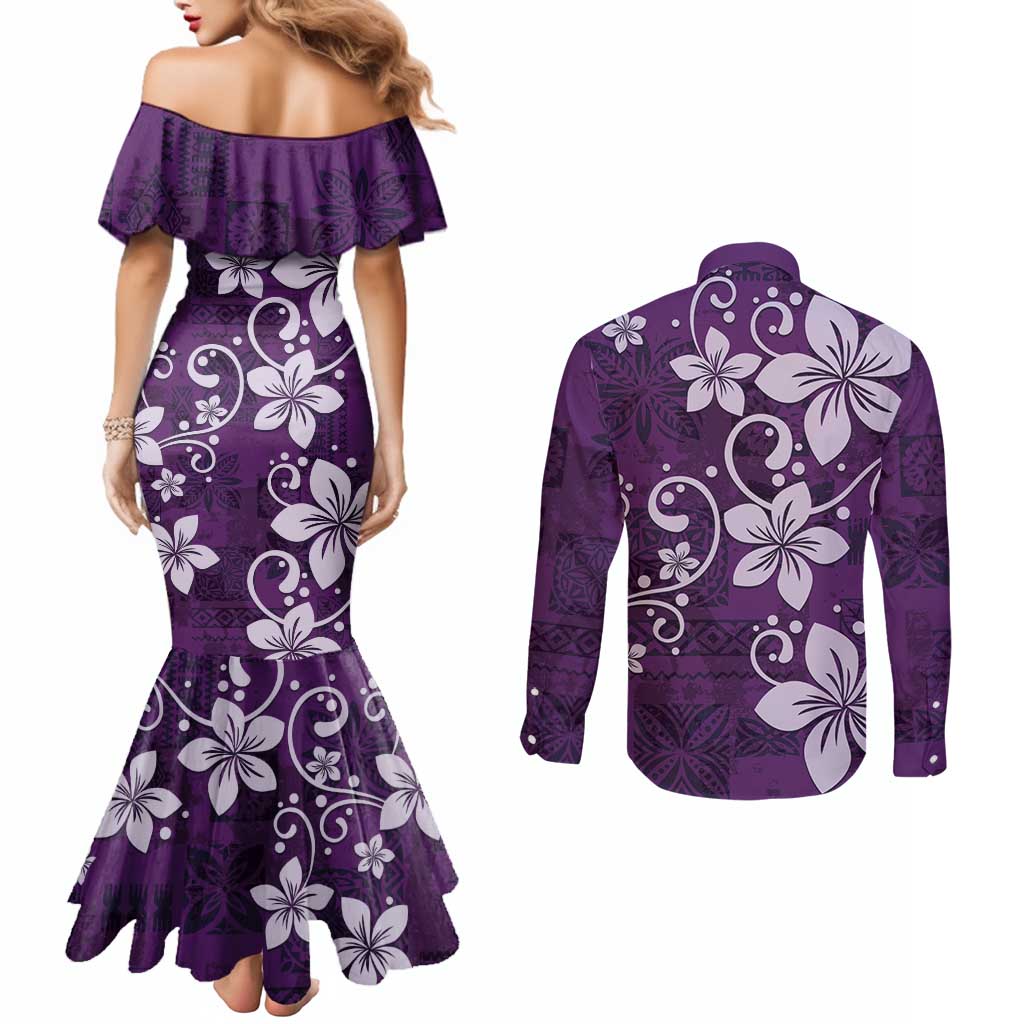 Plumeria Floral Tapa Pattern Amethyst Purple Couples Matching Mermaid Dress and Long Sleeve Button Shirt