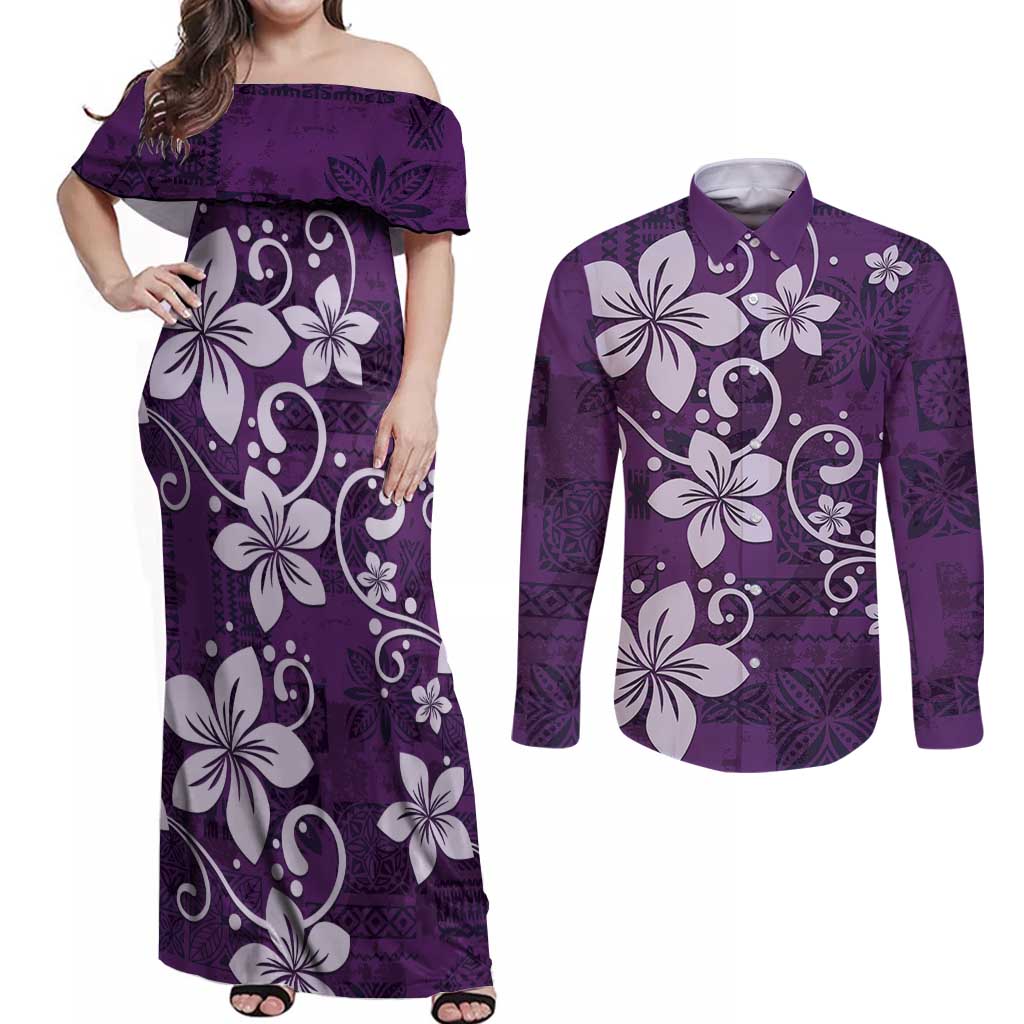Plumeria Floral Tapa Pattern Amethyst Purple Couples Matching Off Shoulder Maxi Dress and Long Sleeve Button Shirt