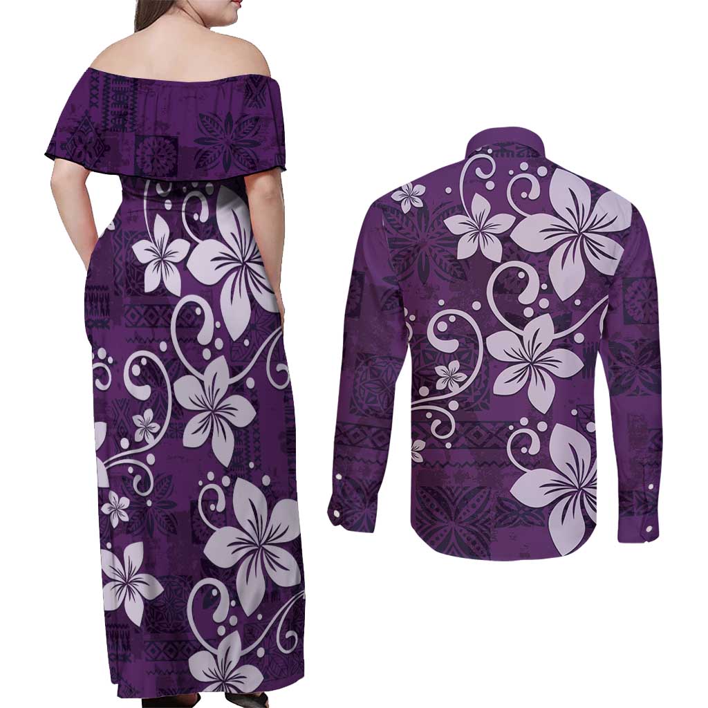 Plumeria Floral Tapa Pattern Amethyst Purple Couples Matching Off Shoulder Maxi Dress and Long Sleeve Button Shirt
