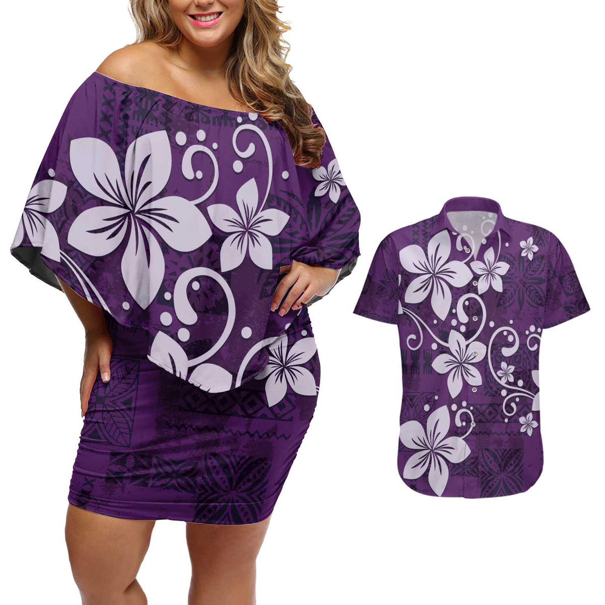 Plumeria Floral Tapa Pattern Amethyst Purple Couples Matching Off Shoulder Short Dress and Hawaiian Shirt