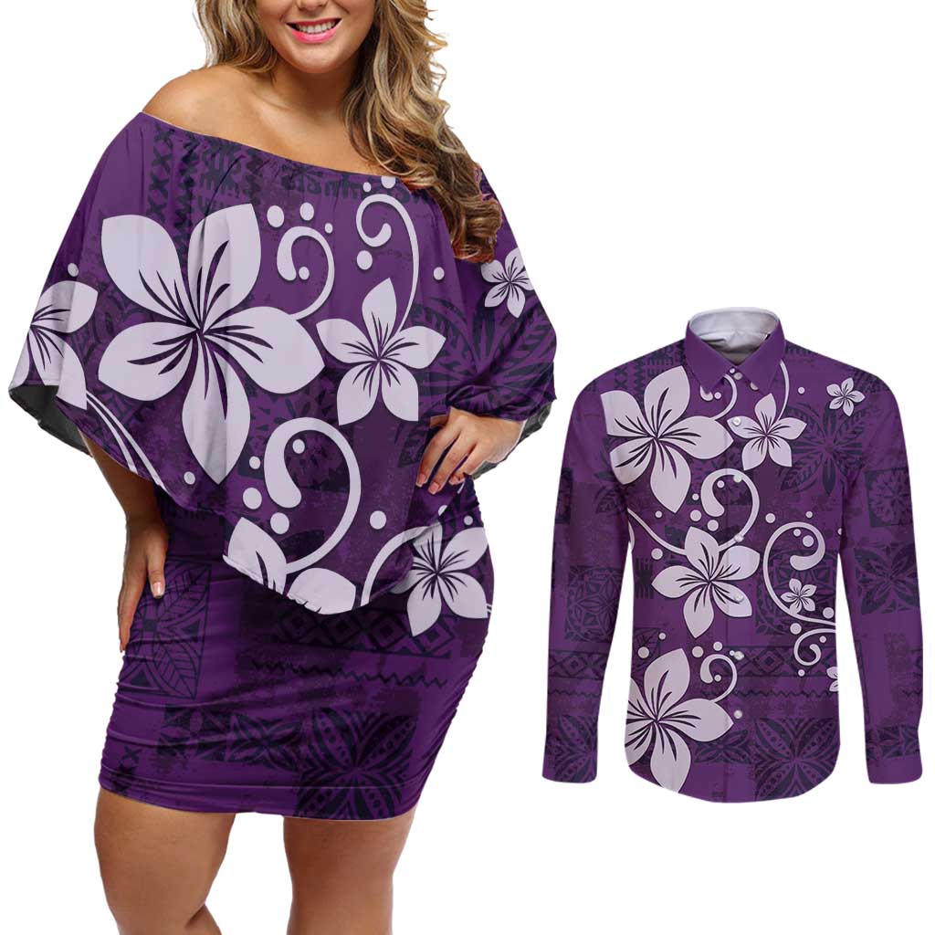 Plumeria Floral Tapa Pattern Amethyst Purple Couples Matching Off Shoulder Short Dress and Long Sleeve Button Shirt