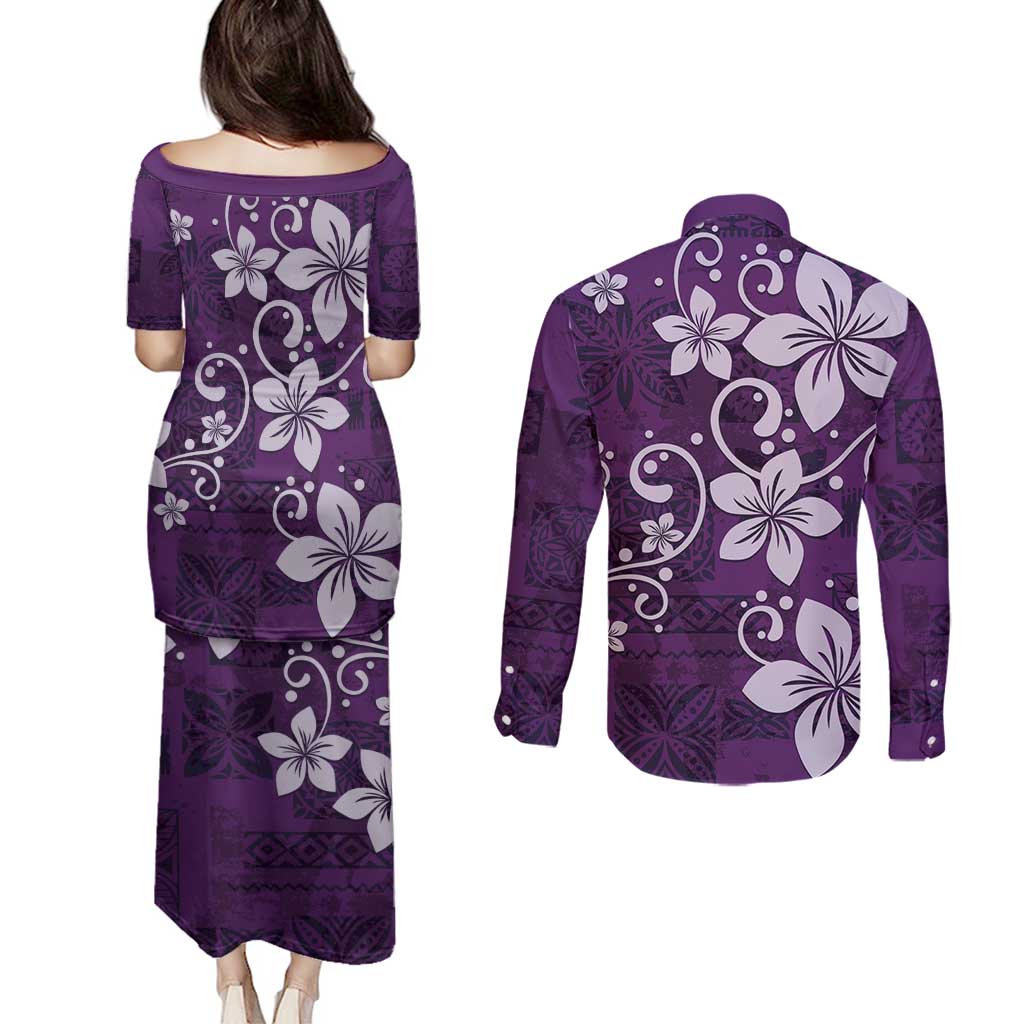Plumeria Floral Tapa Pattern Amethyst Purple Couples Matching Puletasi and Long Sleeve Button Shirt