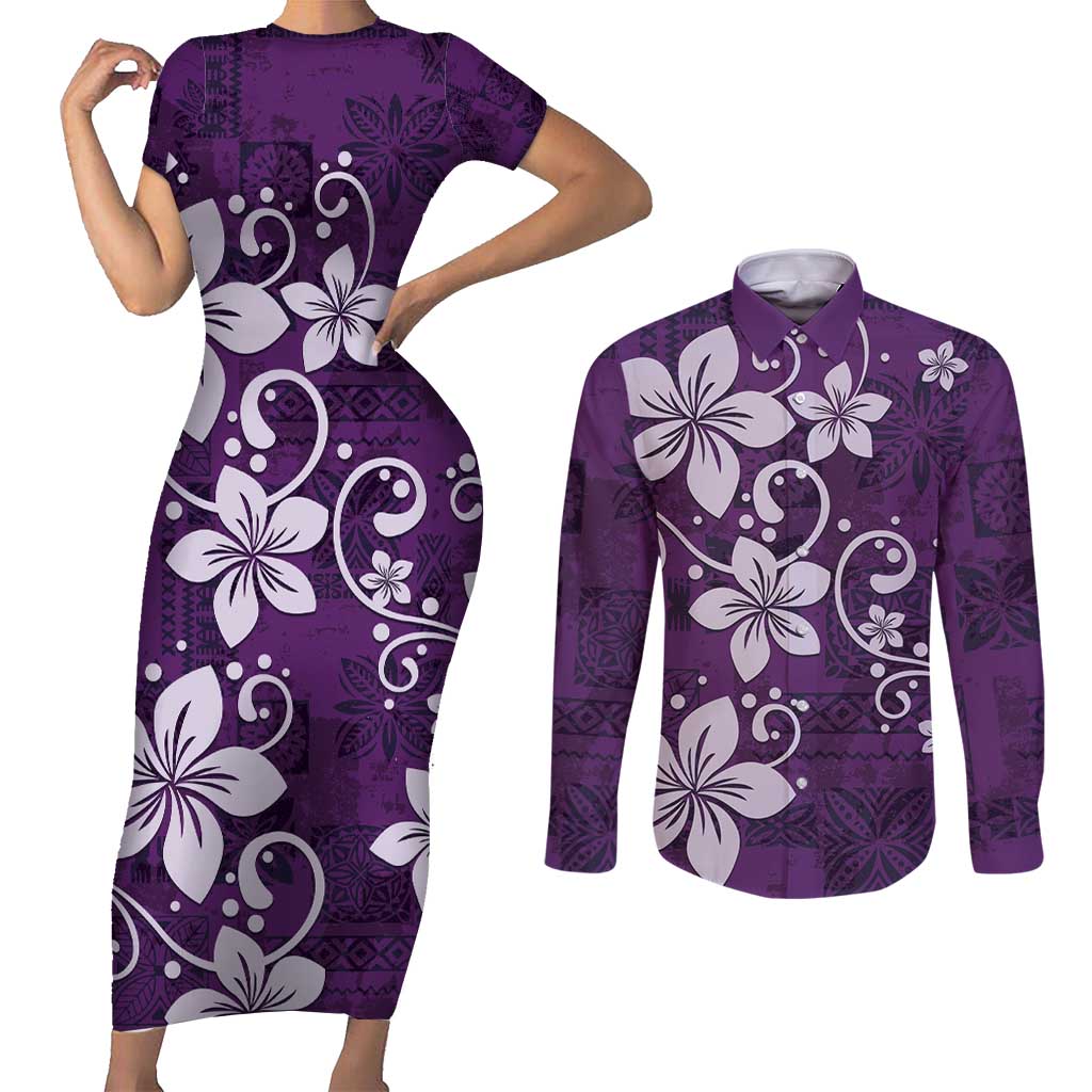 Plumeria Floral Tapa Pattern Amethyst Purple Couples Matching Short Sleeve Bodycon Dress and Long Sleeve Button Shirt