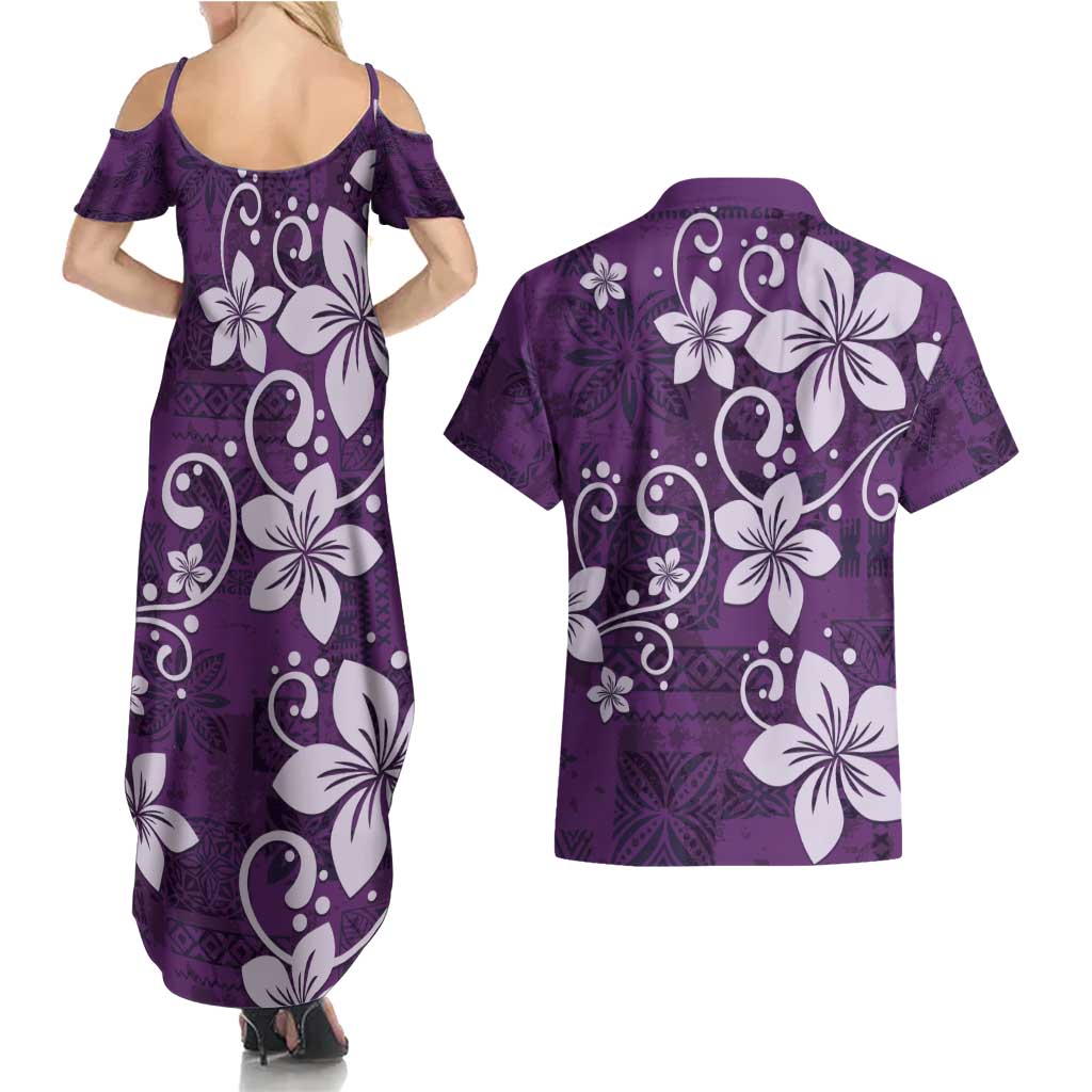 Plumeria Floral Tapa Pattern Amethyst Purple Couples Matching Summer Maxi Dress and Hawaiian Shirt