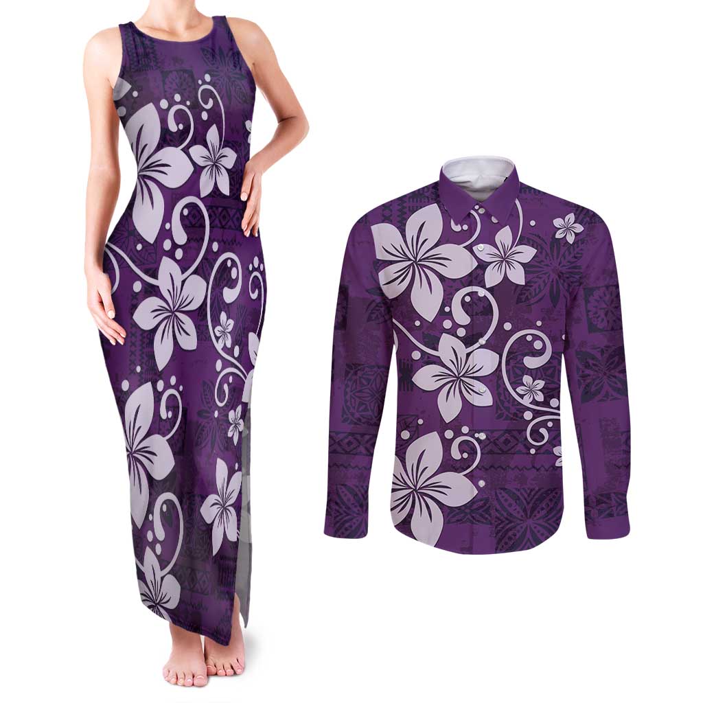 Plumeria Floral Tapa Pattern Amethyst Purple Couples Matching Tank Maxi Dress and Long Sleeve Button Shirt