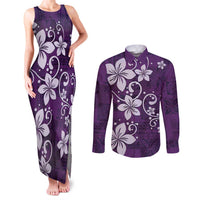 Plumeria Floral Tapa Pattern Amethyst Purple Couples Matching Tank Maxi Dress and Long Sleeve Button Shirt