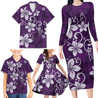 Plumeria Floral Tapa Pattern Amethyst Purple Family Matching Long Sleeve Bodycon Dress and Hawaiian Shirt