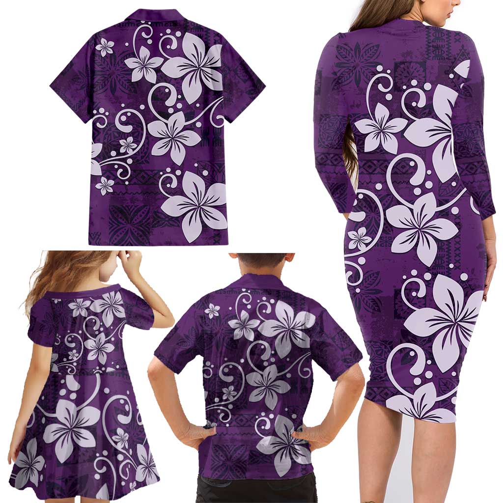 Plumeria Floral Tapa Pattern Amethyst Purple Family Matching Long Sleeve Bodycon Dress and Hawaiian Shirt