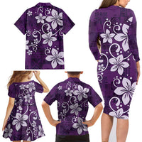 Plumeria Floral Tapa Pattern Amethyst Purple Family Matching Long Sleeve Bodycon Dress and Hawaiian Shirt